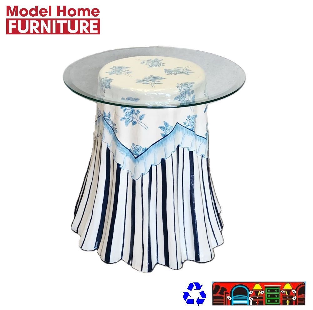 white and blue hand-made dress table with glass. there is no fabric to this table.