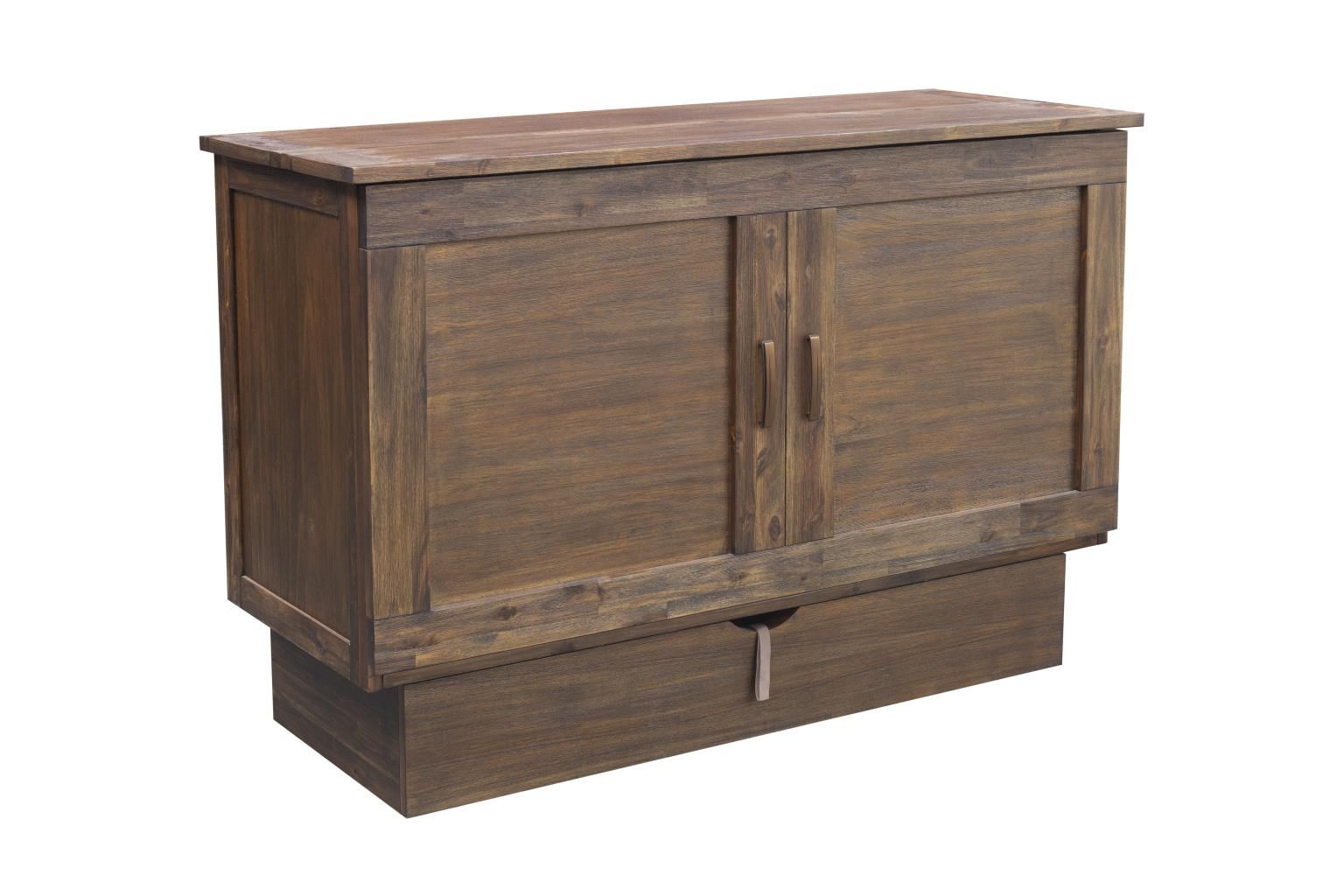 Dark brown cabinet bed with mattress 2 wooden decorative handles & drawer at the bottom. Front corner angle view.