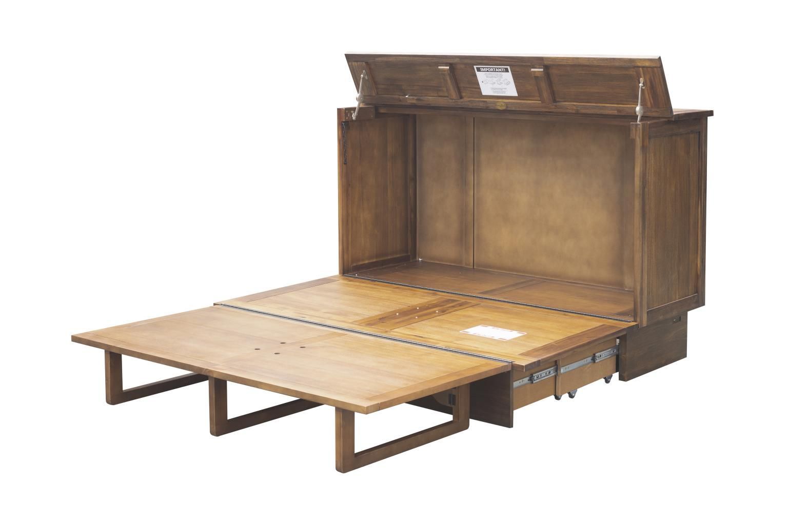 Dark brown cabinet bed with mattress 2 wooden decorative handles & drawer at the bottom. Displayed open without the mattress.