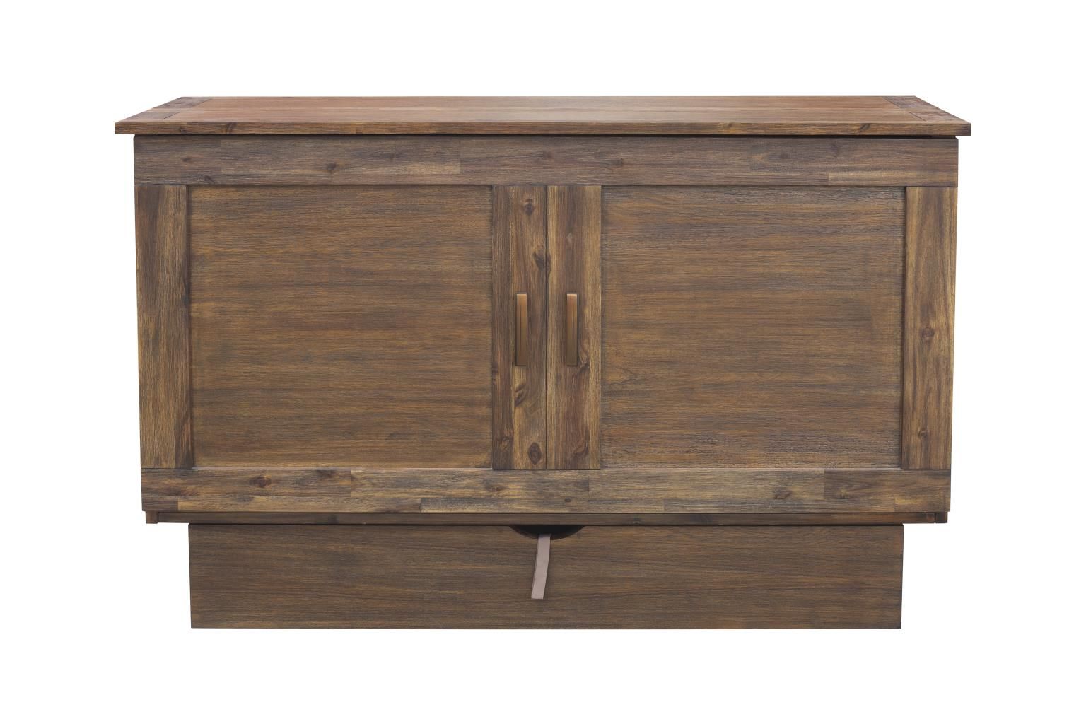 Dark brown cabinet bed with mattress 2 wooden decorative handles & drawer at the bottom. Front View.