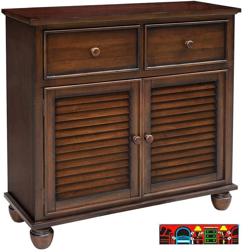 The Nantucket Cabinet, crafted from wood and finished in all spice brown. Features Two drawers, two doors, and a shelf. It is available at Bratz-CFW in Fort Myers, FL.