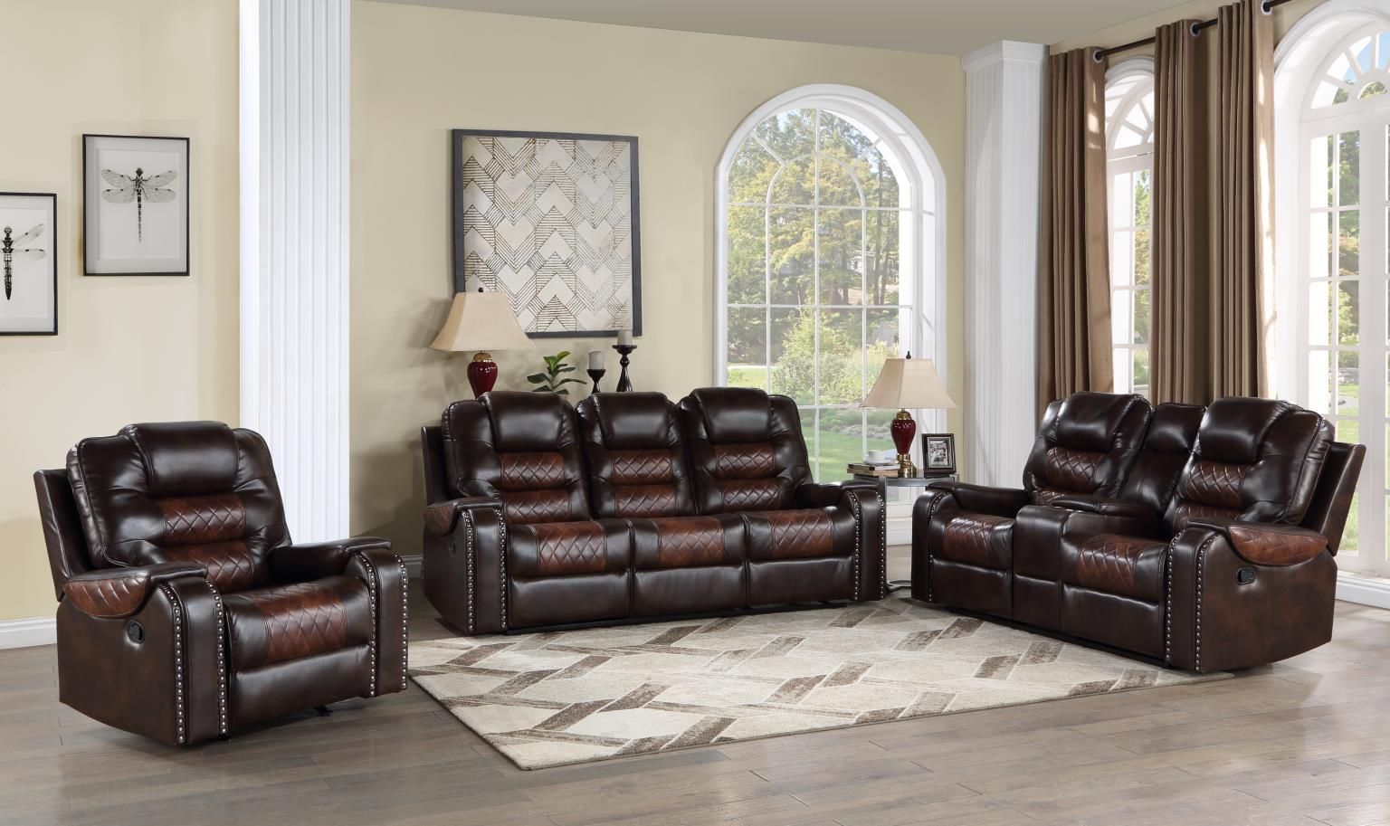 Harlow dark brown two-tone, hi-back reclining sofa, loveseat with center console and rocker recliner