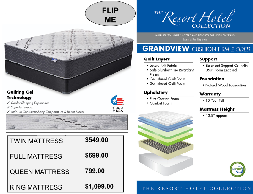new Jamison Grandview cushion firm two-sided mattress. Available in twin, twin-xl, full, queen and king sizes