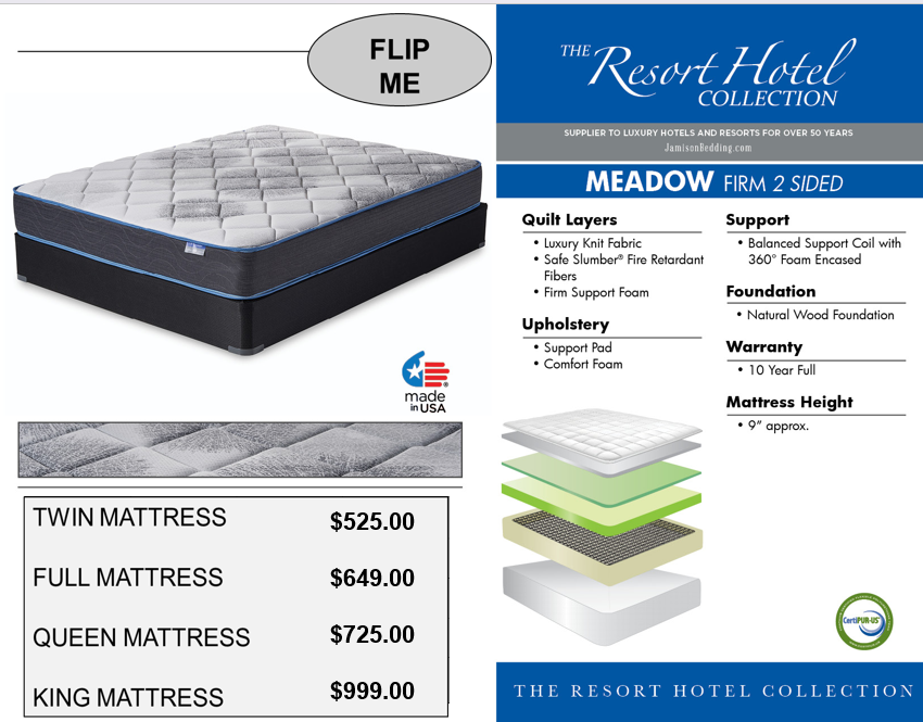 new Jamison Meadow firm two-sided mattress. Available in twin, twin-xl, full, queen and king sizes