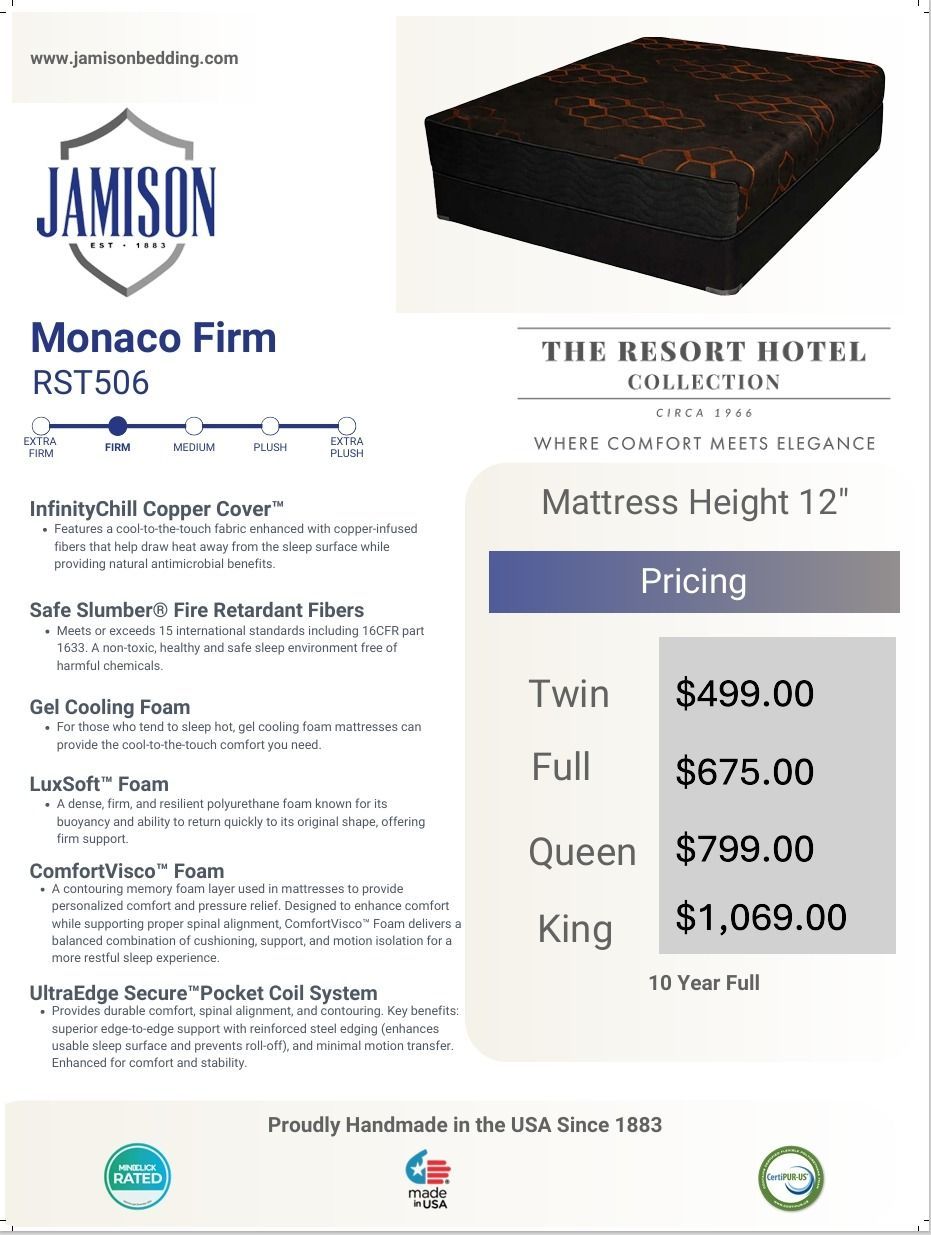 New Jamison Monaco Firm Mattress with cool copper cover. Available in twin, full, queen and king sizes