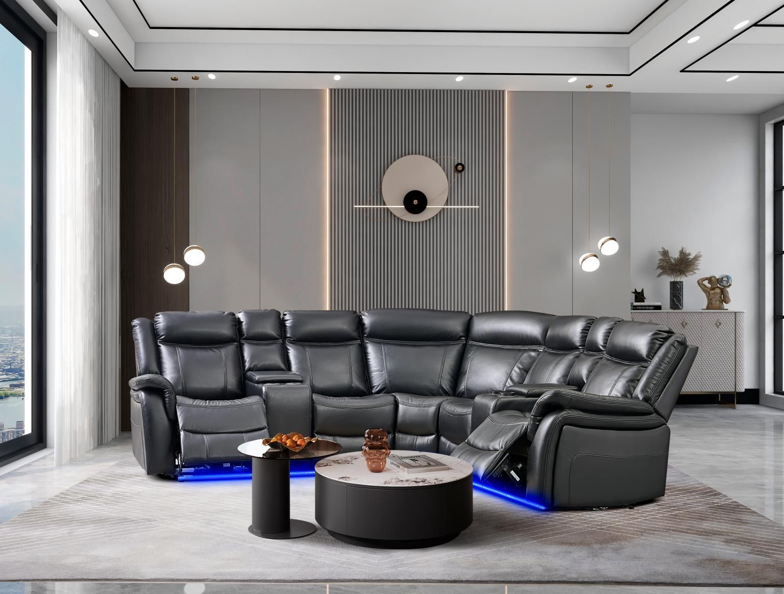 Jay Black three-piece sectional with hi-back, led lights and cup holders