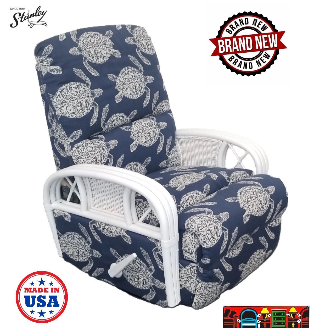 This coastal three-way recliner features a pad-over chaise, complemented by whitewash rattan arms. It's upholstered in fabric showcasing a dark blue background adorned with white turtles throughout. Proudly manufactured in the USA!
