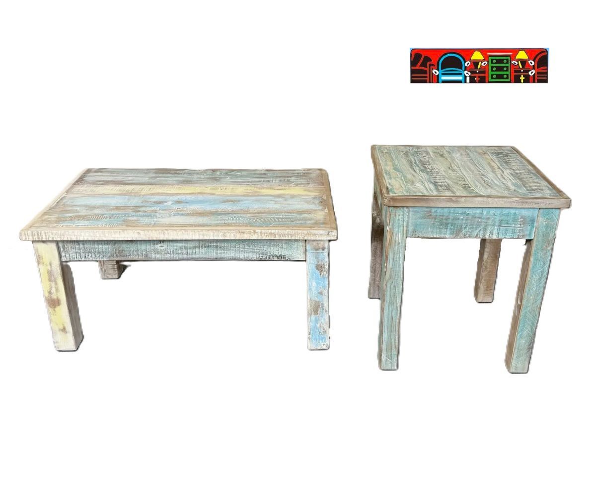 'Multicolored, solid, reclaimed wood cocktail and end tables'