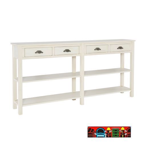 A Farmhouse-style extended Console Table that offers a breezy aesthetic. It boasts an antique cream crackle finish, cast antique bronze drawer pulls, and ample shelf space.