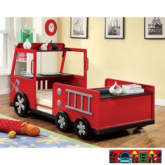 Novelty child's bed, twin-sized, in the style of a fire truck, colored red, made of metal. Back View.