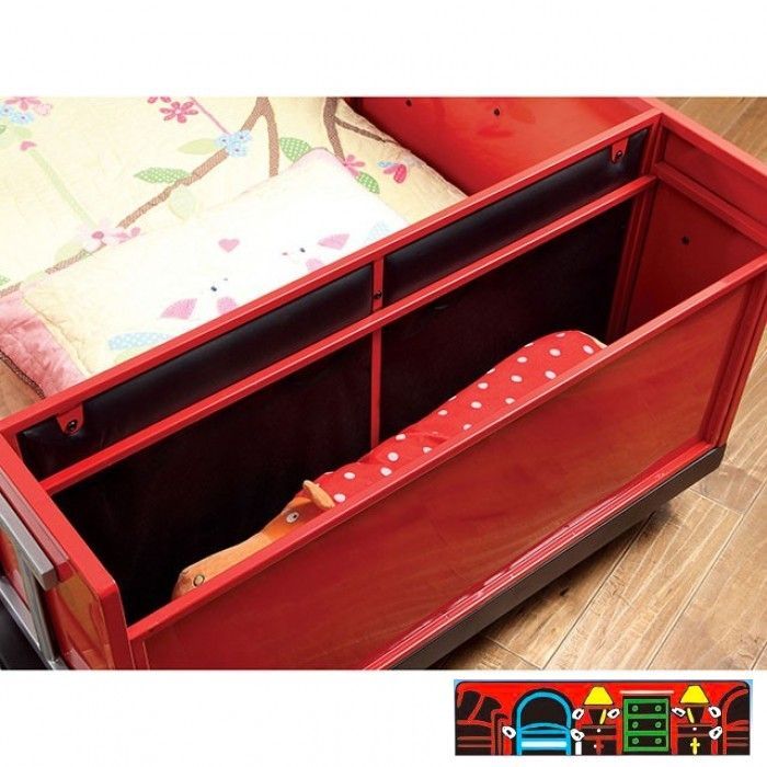 Novelty child's bed, twin-sized, in the style of a fire truck, colored red, made of metal. With storage.