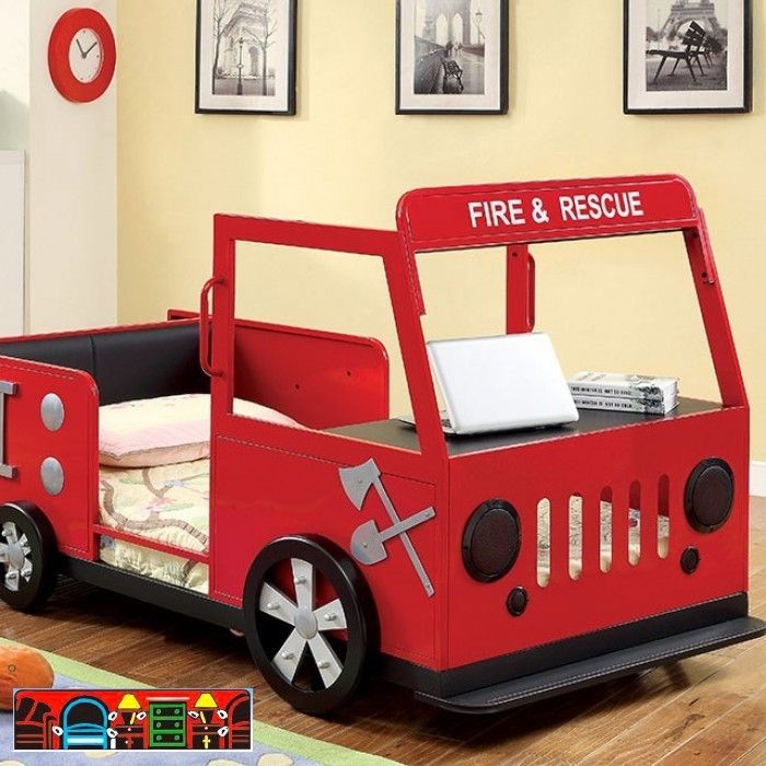 Novelty child's bed, twin-sized, in the style of a fire truck, colored red, made of metal.