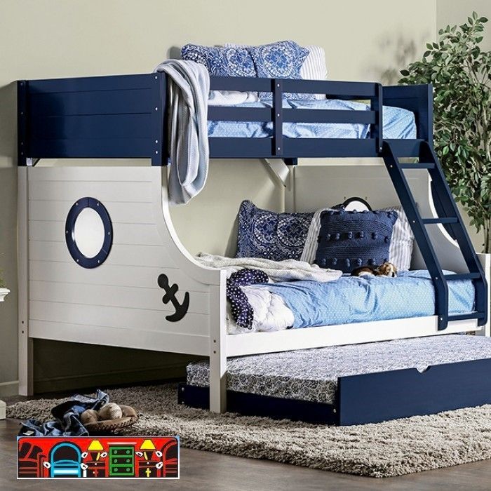 Bunk bed, nautical theme, solid wood, white and blue, with porthole, twin over full size.