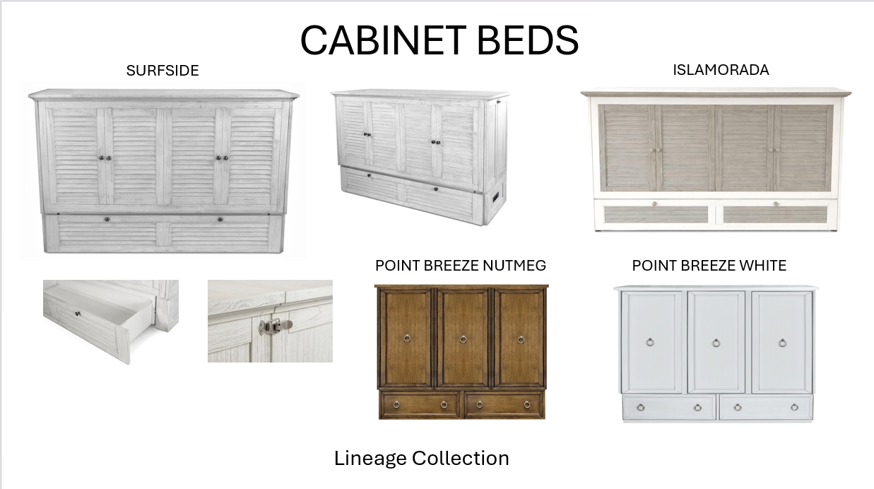 this is a picture of four different cabinet beds. 1 white and grey, 1 distressed white, 1 white and 1 brown.