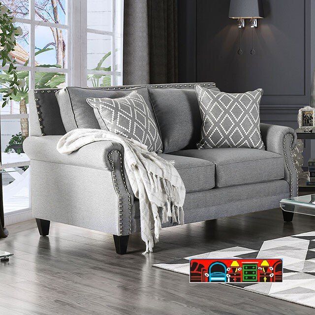 new oversized grey loveseat with hi-back throw pillows & nail head accents for sale