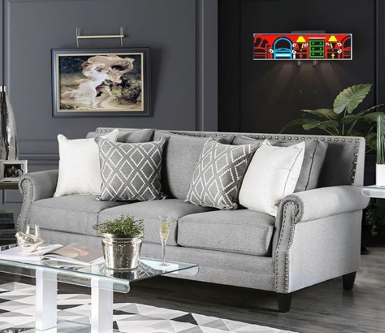 new oversized grey sofa with hi-back throw pillows & nail head accents for sale