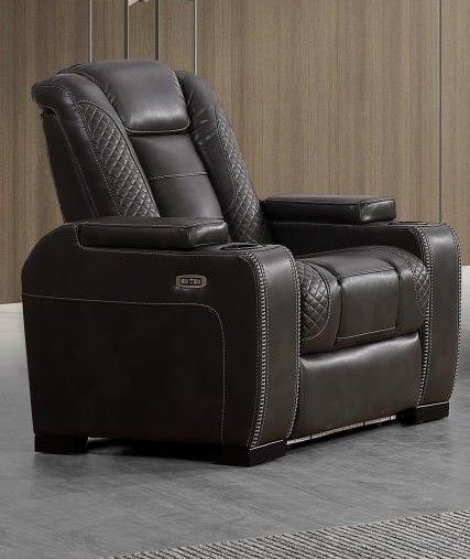 new grey hi-back power recliner with led lights, cup holders and under arm-rest storage