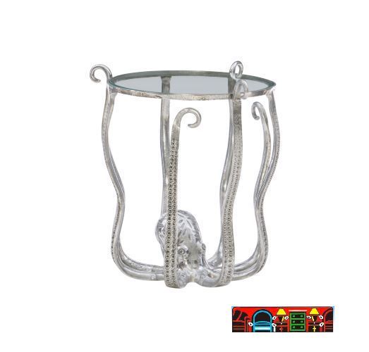 'End table made of silver, octopus-shaped aluminum and glass'
