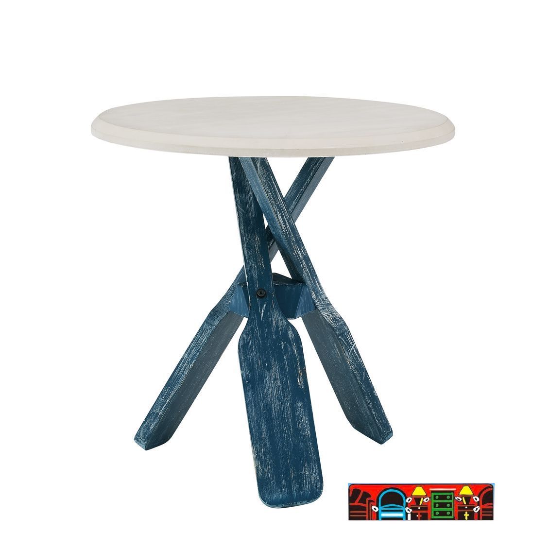 Accent end table, three distressed blue paddles base with a round white top