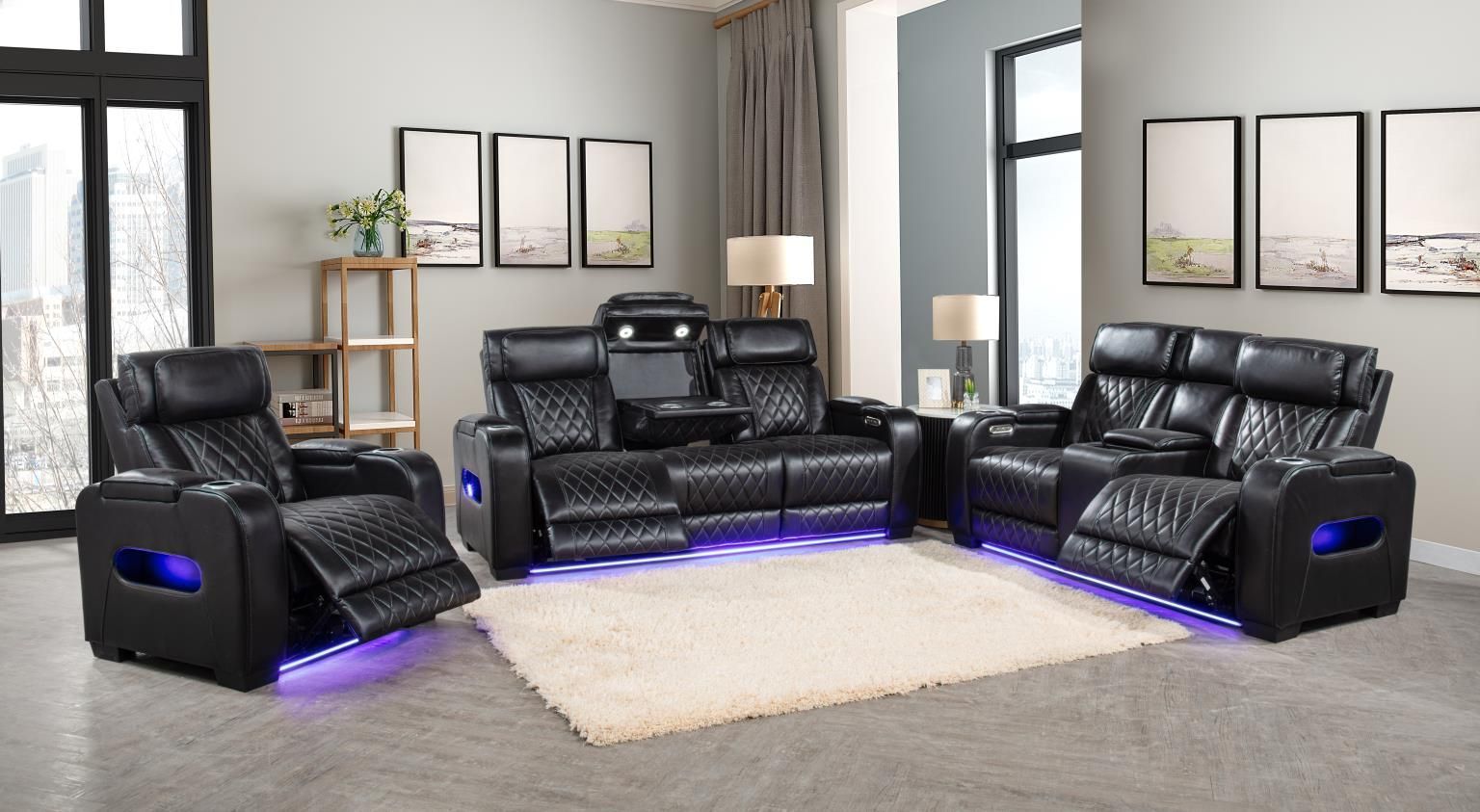 Polax black hi-back reclining sofa, loveseat with center console and recliner with led lighting and diamond stitching