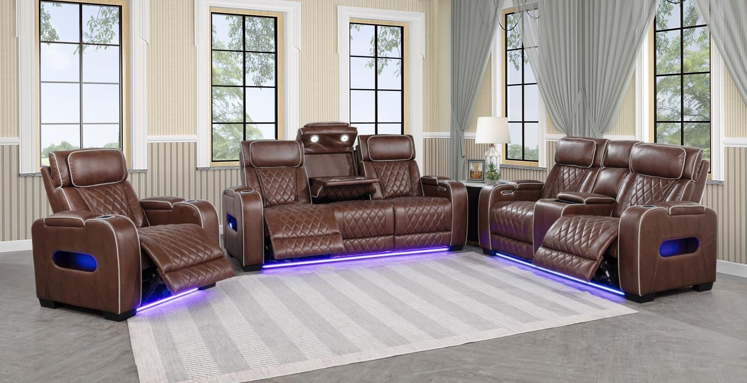 Polax brown hi-back reclining sofa, loveseat with center console and recliner with led lighting and diamond stitching