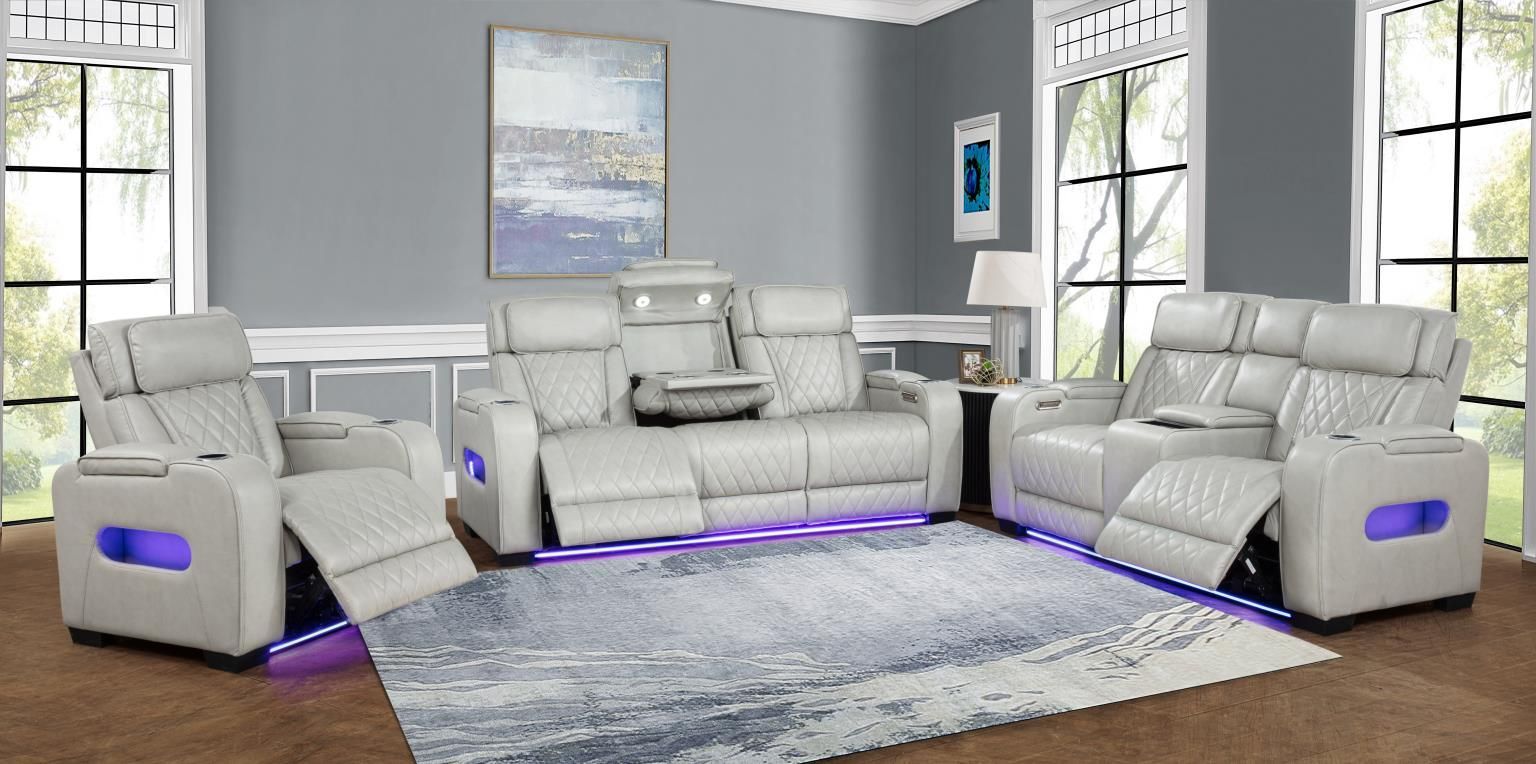 Polax grey hi-back reclining sofa, loveseat with center console and recliner with led lighting and diamond stitching