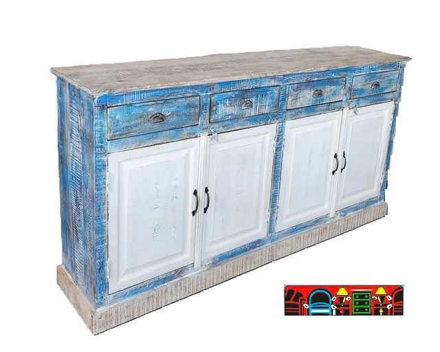 This sideboard is made of solid reclaimed wood with a multicolor finish of distressed blue, off-white and beige. It has four drawers and four doors with iron handles. There are shelves behind the doors for extra storage space.