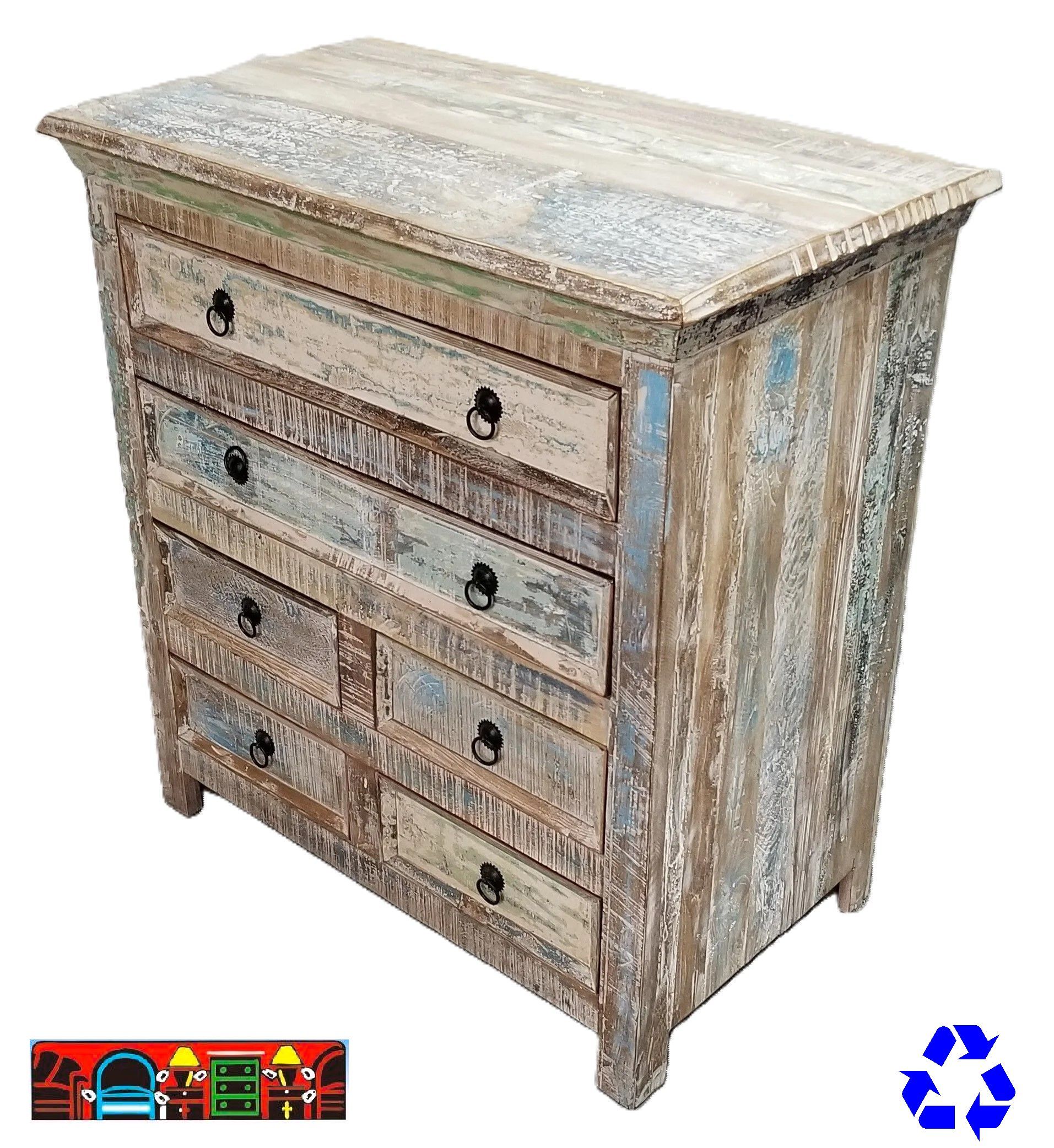 Six drawer bedroom chest in reclaimed wood, multicolored, available at Bratz-CFW in Fort Myers, FL.