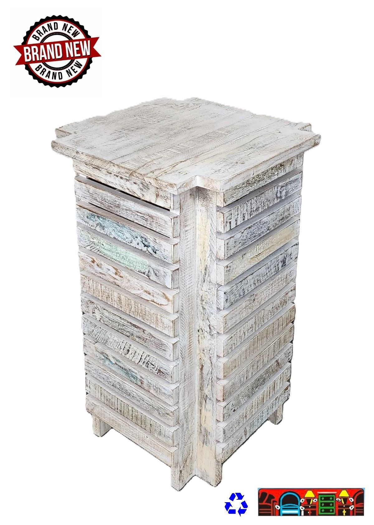 'End table crafted from multicolored reclaimed wood, designed to resemble a crab trap.'