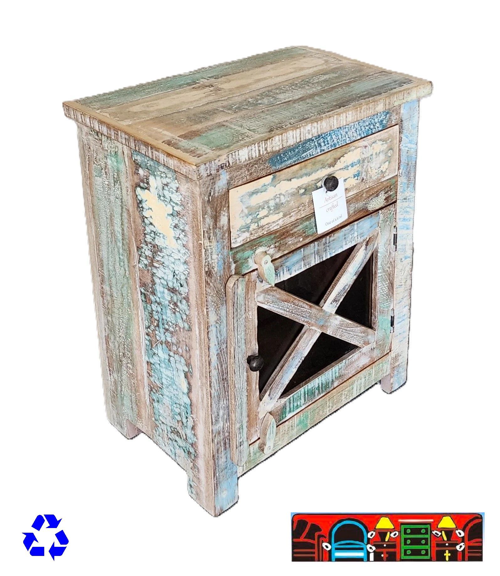 Nightstand in reclaimed wood, multicolored, featuring one drawer and a glass-front door, available at Bratz-CFW in Fort Myers, FL.