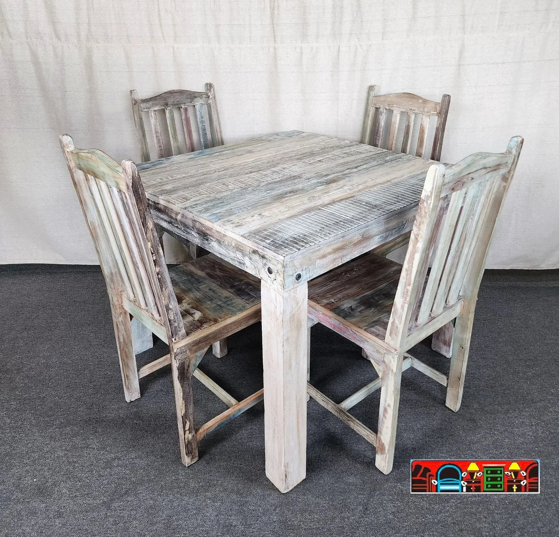 Reclaimed Wood Multicolor Square Dining Set with Four Chairs