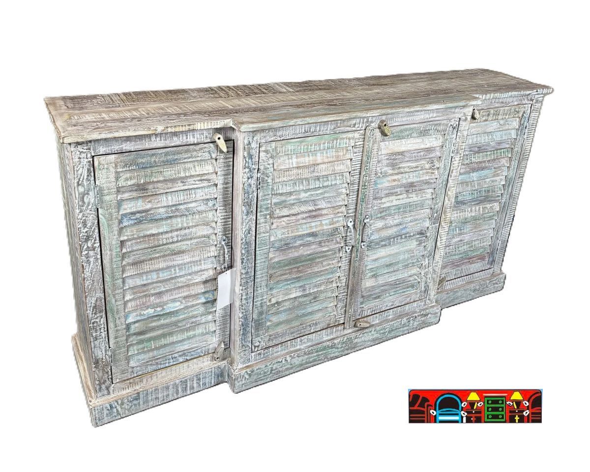A colorful sideboard made of solid reclaimed wood, with slatted door-fronts and a protruding middle section. With a shelf behind each door.
