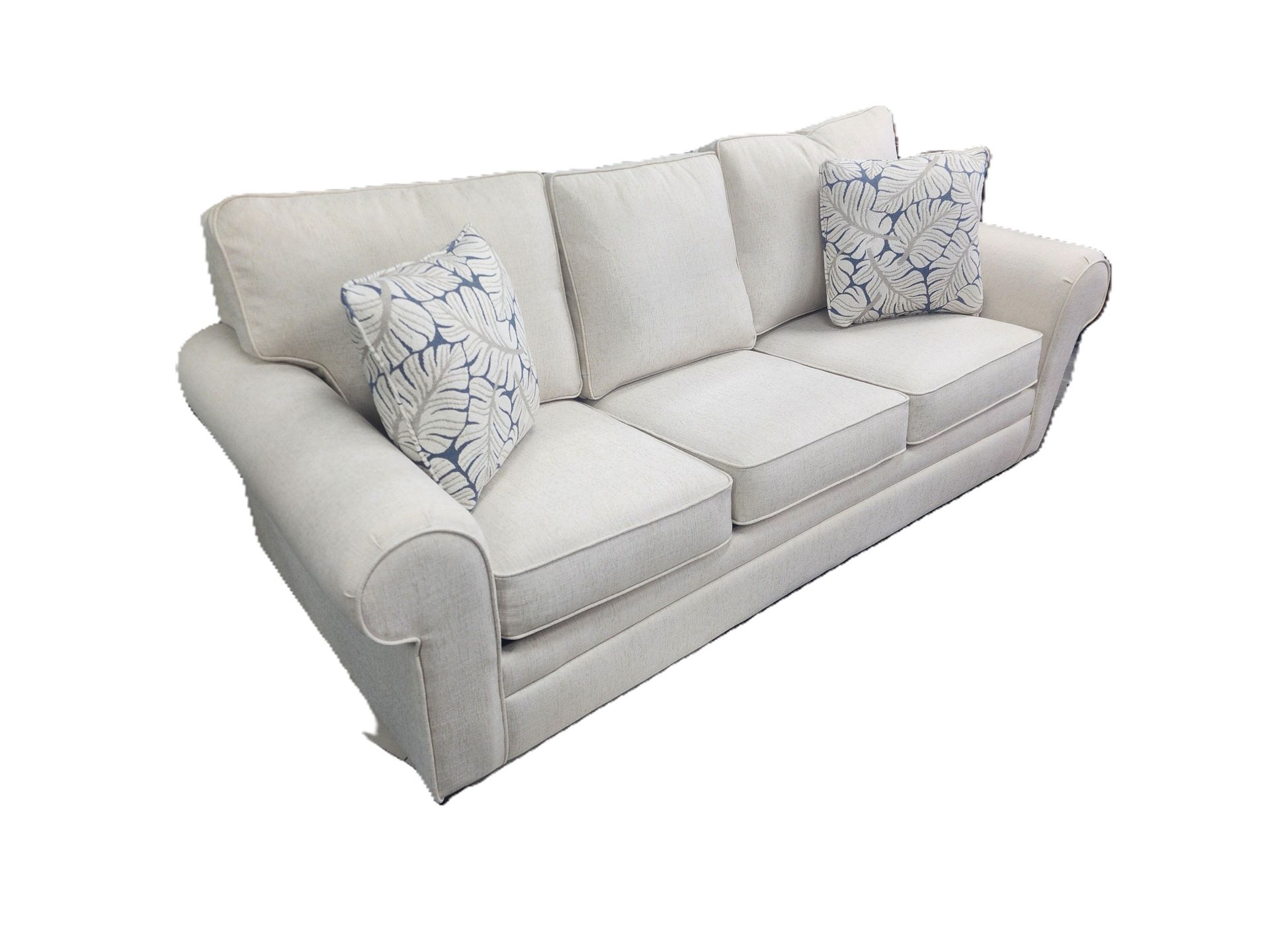 new off white rolled arm queen sleeper sofa with 2 blue and white leaf print throw pillows