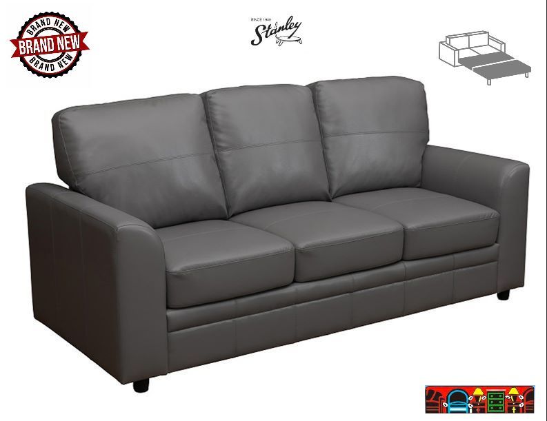 A queen-sized sleeper sofa with straight arms and grey leather upholstery
