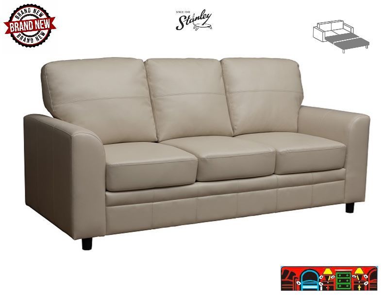 A queen-sized sleeper sofa with straight arms and taupe leather upholstery.