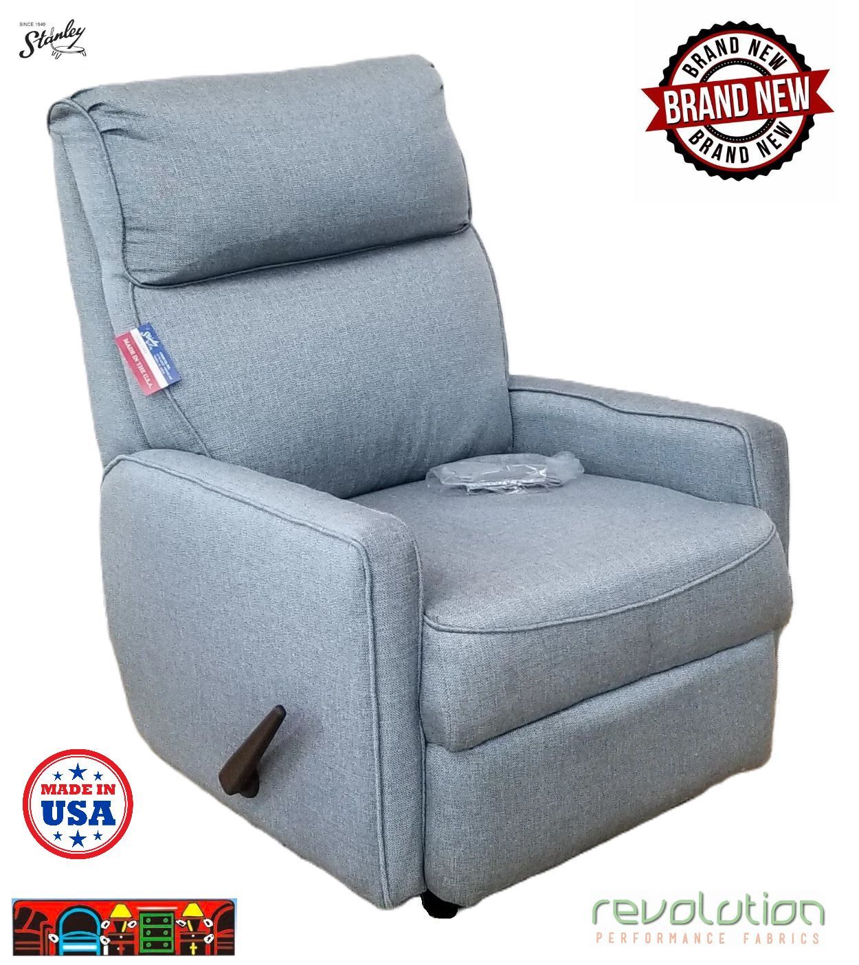 'Recliner with a light blue/grey color, 29 inches in width, featuring a 3-way reclining mechanism and track arms. Arm covers are included.'