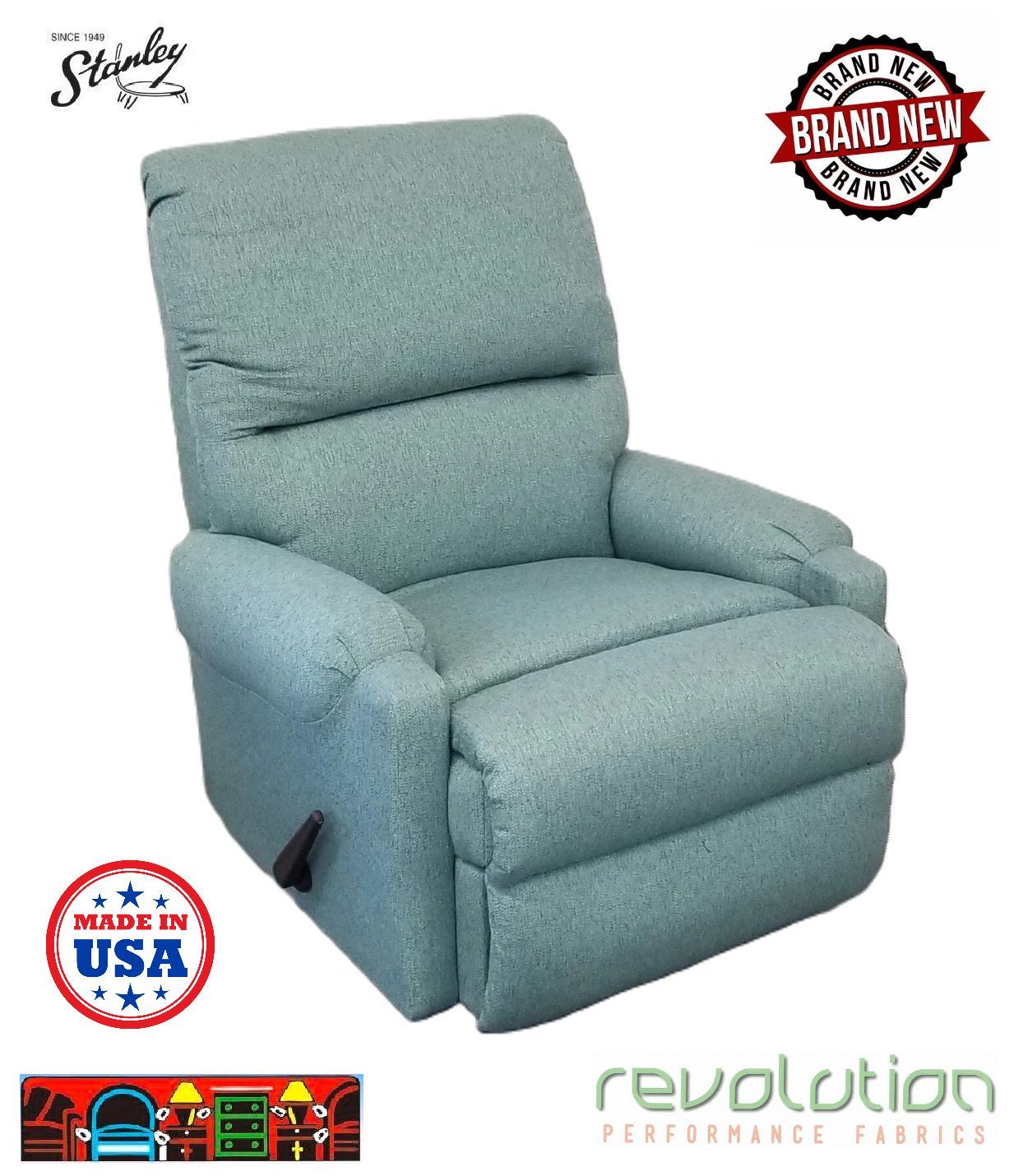 'Three-way recliner with pad-over chaise, including arm covers. Upholstered in green performance fabric and proudly made in the USA!'
