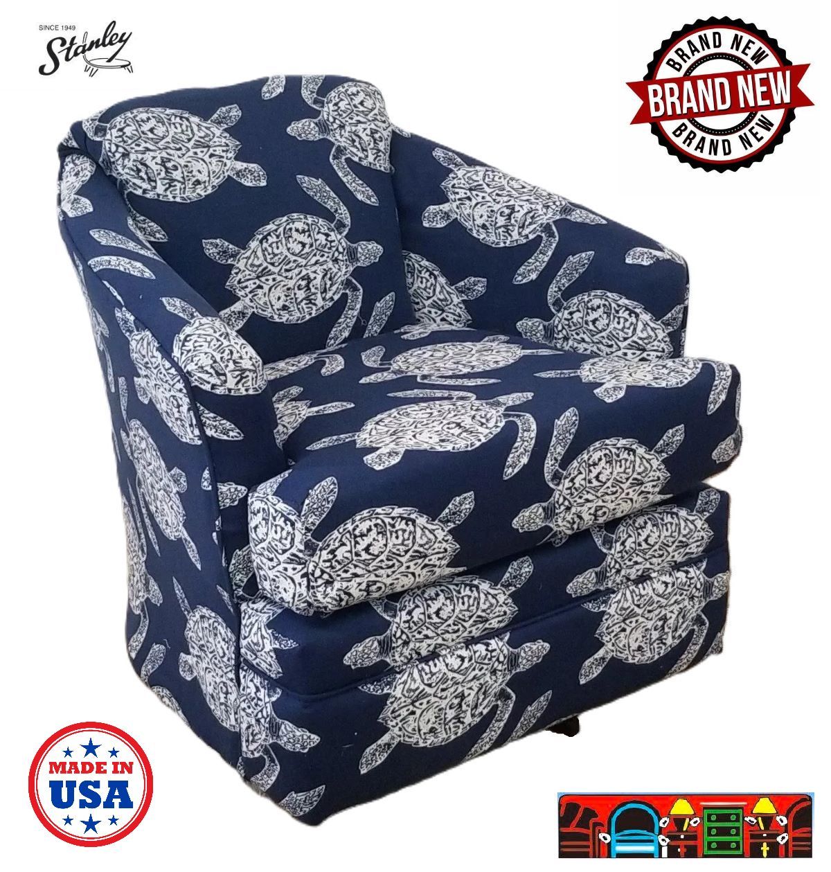 'Made in the USA! This swivel barrel chair features a dark blue background adorned with white turtles and includes a reversible cushion.'