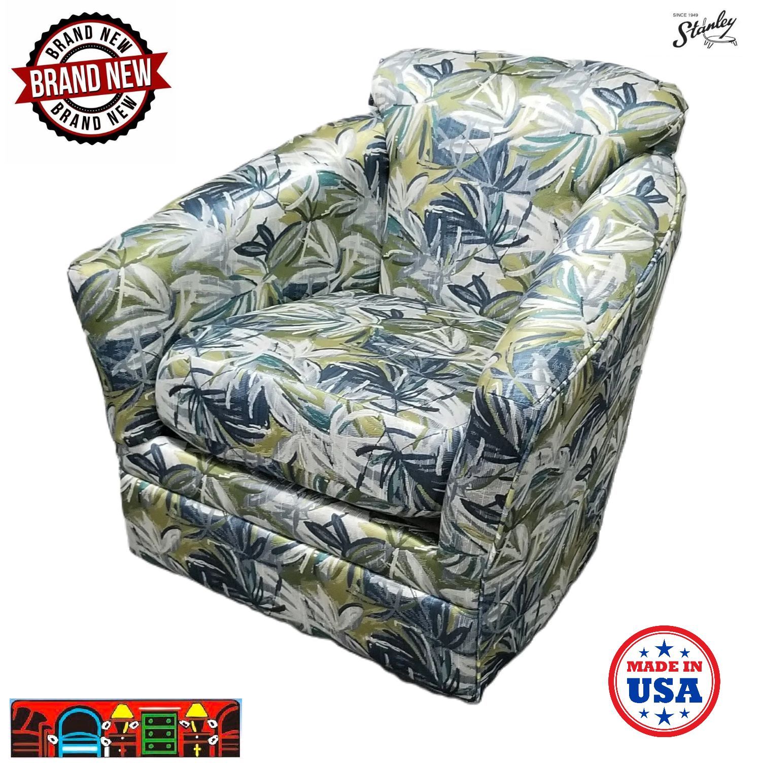 'Crafted in the USA, this tropical swivel glider barrel chair features a reversible cushion set against a green backdrop, adorned with an array of blue and grey leaves.'