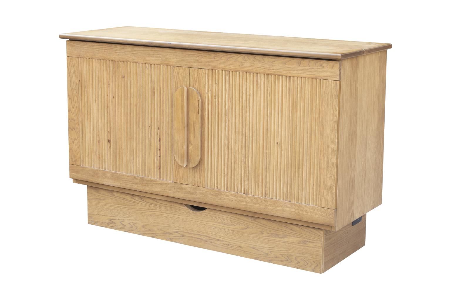 Oak finish cabinet bed with a decorative pencil wood design and 2 large wood handles. with a drawer at the bottom. Front view.