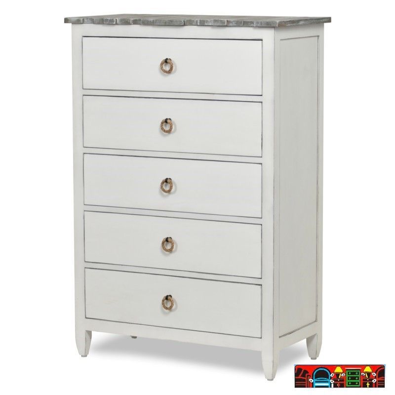 The Picket Fence Bedroom Chest offers a coastal charm with its solid wood construction, distressed white finish, weathered grey top, and rope pulls. Available at Bratz-CFW.
