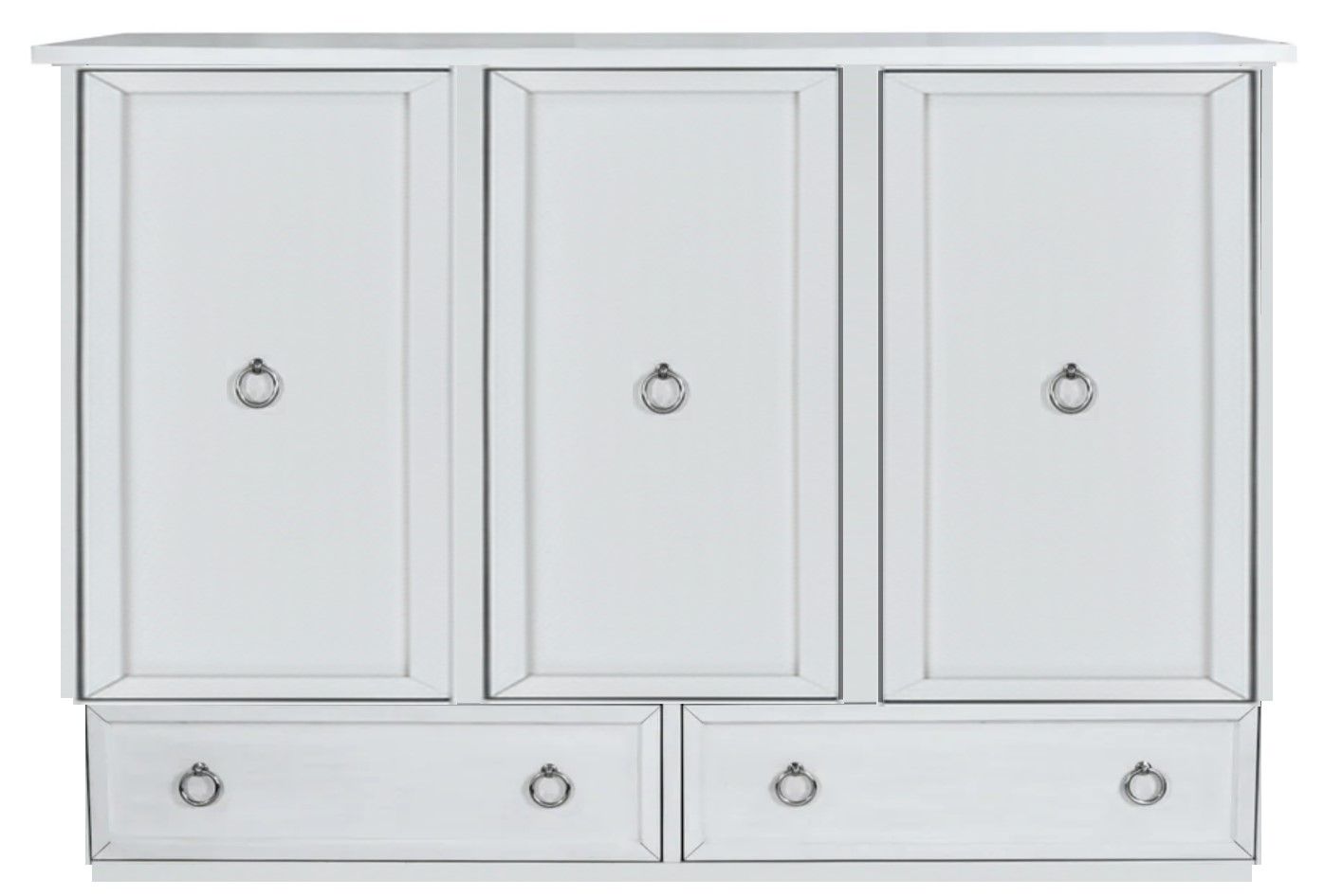 white cabinet bed with three solid front panels and round metal handles