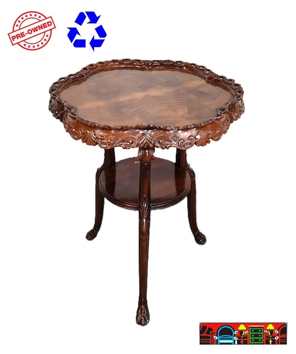Pie Crust Table, wooden with decorative carved edges, in brown, available at Bratz-CFW, Fort Myers, FL.