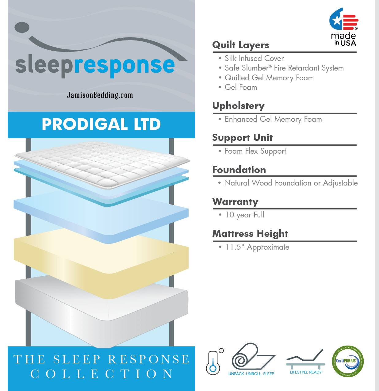 The Jamison Bedding Sleep Response Prodigal LTD cushion firm mattress is available at Bratz-CFW in Fort Myers, FL. Spec sheet.