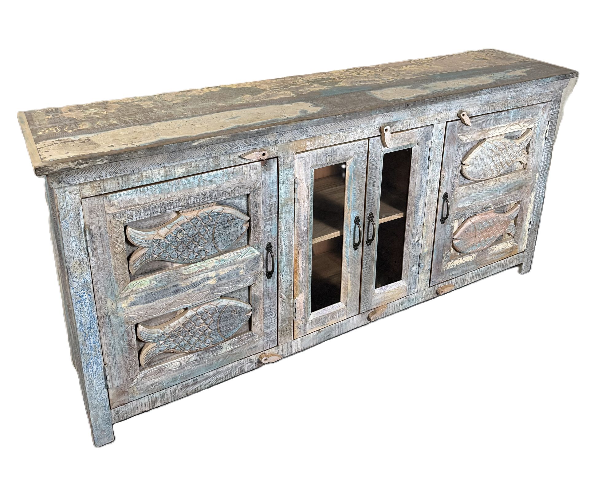 A sofa table featuring two drawers and two slat shelves, crafted from reclaimed wood and adorned with a multicolored finish, complete with fish carvings on the front.