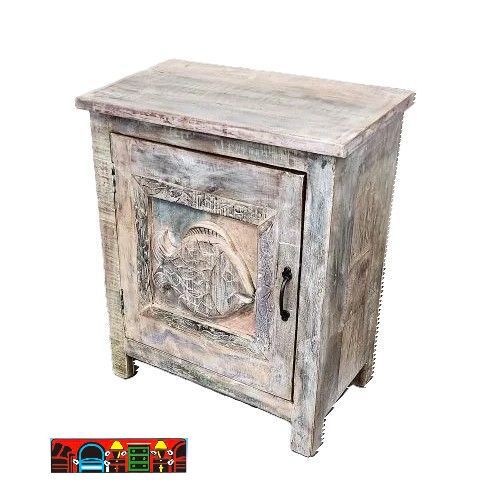 reclaimed wood multicolor 1 door end table with carved fish front for sale at bratz-cfw/fort myers fl.