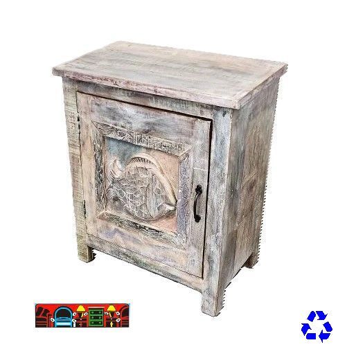 Nightstand in reclaimed wood, multicolored, featuring one door with carved fish, available at Bratz-CFW in Fort Myers, FL.