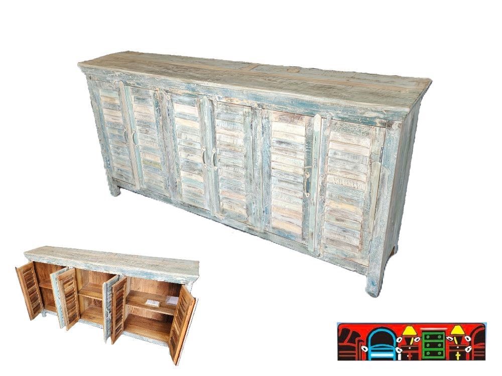 'Solid reclaimed wood cabinet in multicolor with six shuttered doors, shelves, and elevated legs.'