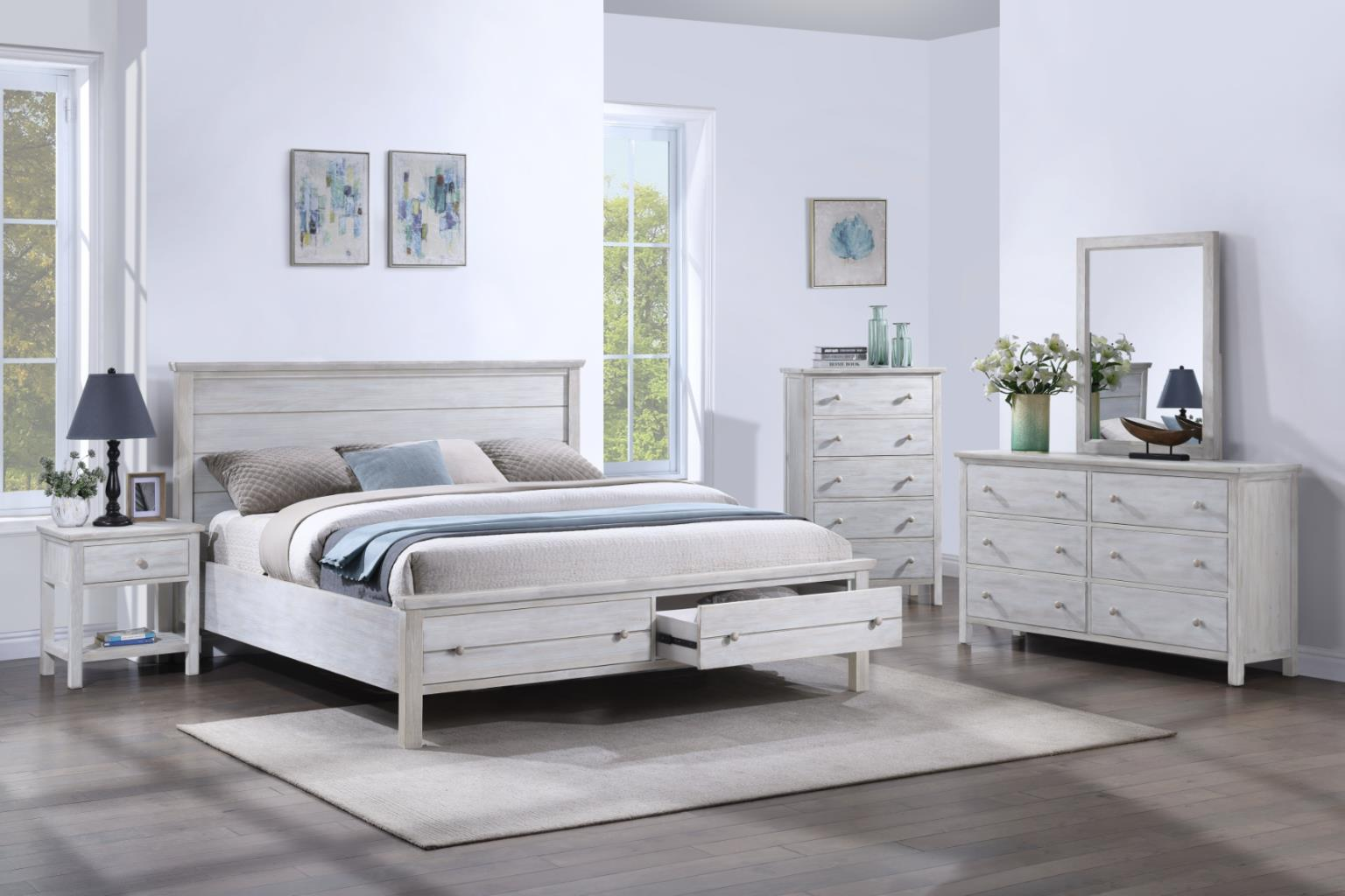 Distressed white bedroom set including a king storage bed, 6-drawer dresser, mirror, 1-drawer nightstand and 5-drawer chest