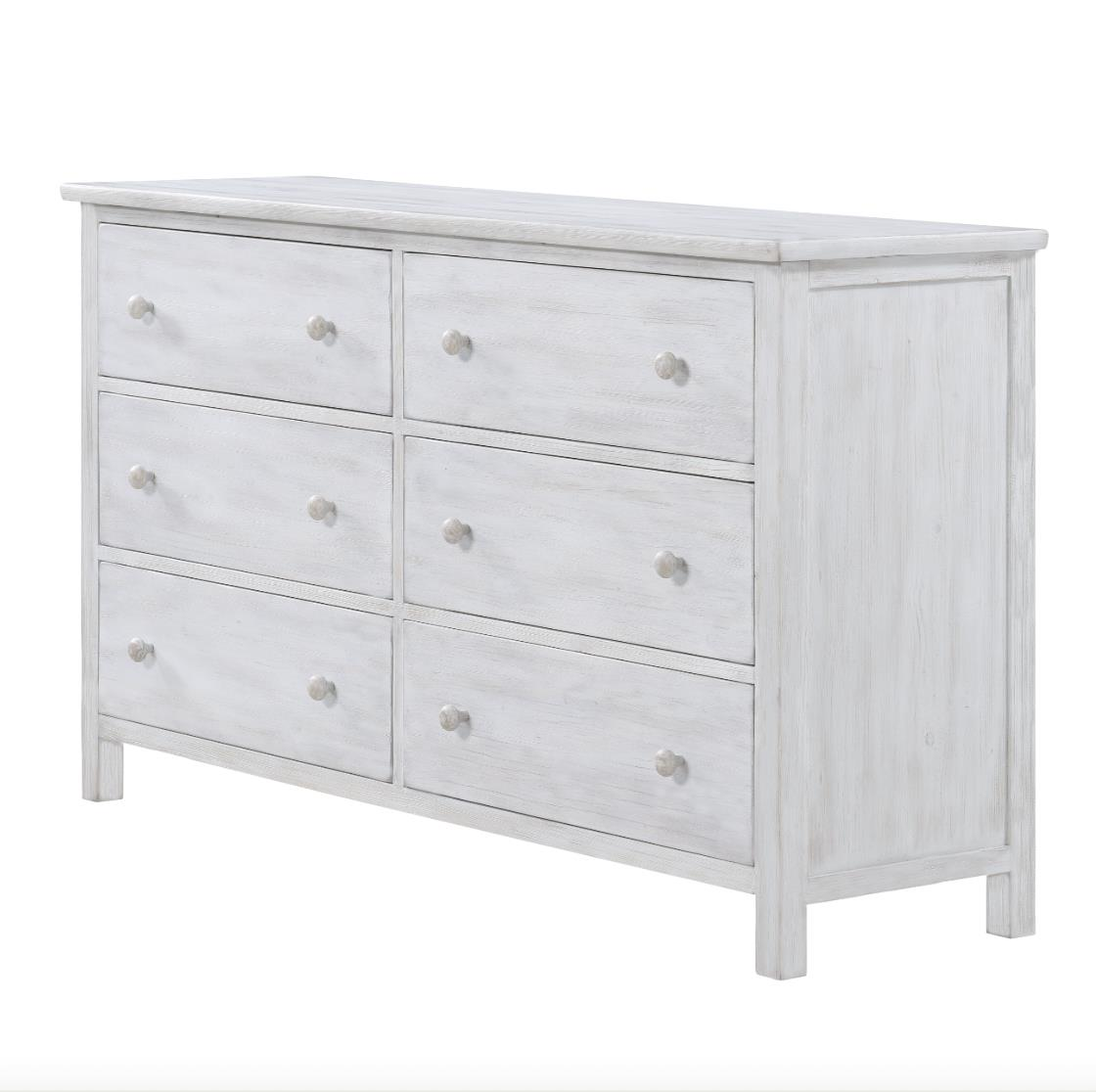 distressed white 6-drawer dresser with round wood knobs